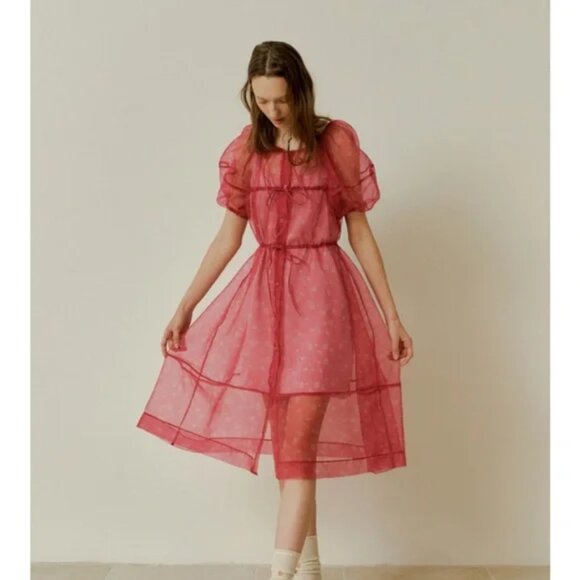 Free People x Soonsu Naive tiered organza CUTE dress puff sleeves Korean Red MED - Picture 1 of 8